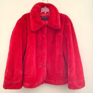 Urban Republic red faux fur jacket with satin lining and snap closure. Size XL